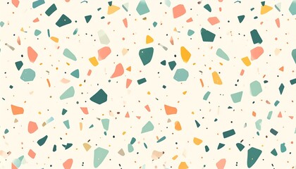 Seamless terrazzo pattern with colorful stone chips on neutral pastel background — tileable and scalable for fabric or interior use