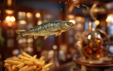 Hovering fish and chips with malt vinegar spray over a softly blurred nautical pub interior background