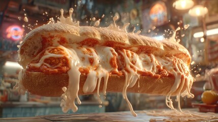 Floating meatball sub with melted mozzarella string splashes over a softly blurred sandwich shop background