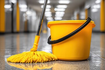 Close-up shot of yellow mop and bucket on a wet floor in a hallway for cleaning, portraying cleanliness and hygiene, suitable for commercial cleaning advertisement.
