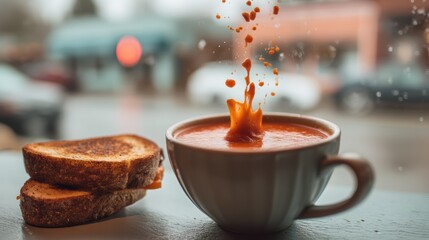 Hovering grilled cheese sandwich with tomato soup bursts over a softly blurred bistro interior backdrop