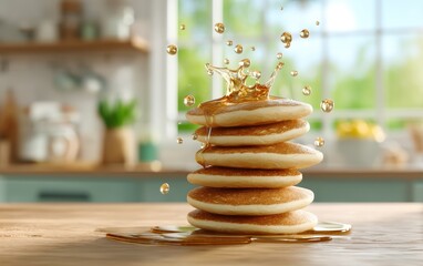 Suspended stack of fluffy pancakes bursting with golden maple syrup droplets over a softly blurred country kitchen backdrop