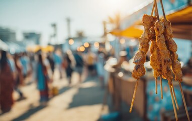 Suspended chicken satay skewers with peanut sauce drizzle against a softly blurred outdoor market background