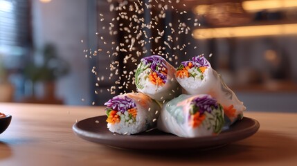 Hovering veggie spring rolls with sweet chili dip splashes against a softly blurred Asian fusion kitchen backdrop