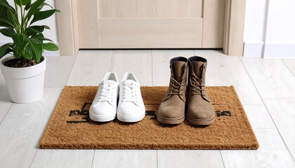 Shoes on welcome mat with home entry.