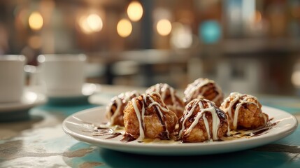 Weightless buffalo cauliflower bites with blue cheese drizzle against a softly blurred craft brewery backdrop