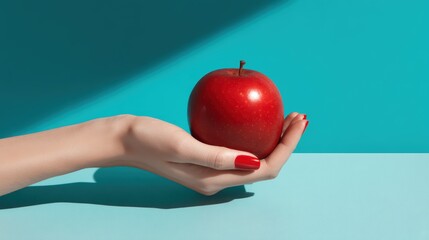 Isolated shot of a human hand cradling a glossy red apple on a sunlit turquoise background