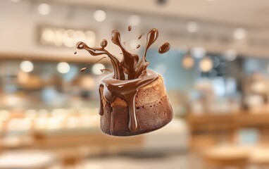 Airborne chocolate lava cake with molten chocolate sauce eruption over a softly blurred patisserie shop background
