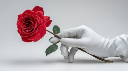 Artistic macro photograph of a human hand on a white background gently holding a single red rose bloom