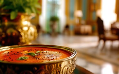 Floating bowl of creamy tomato bisque with basil oil droplets against a softly blurred elegant dining room backdrop