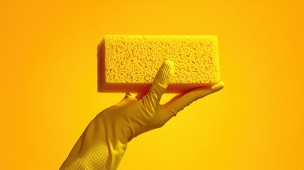 Minimal product style shot of a human hand on a white background wearing a yellow rubber cleaning glove holding a sponge