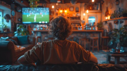 An inviting bar scene where a person watches a sports game on the television while enjoying a relaxed ambiance, emphasizing the enjoyment of social gatherings and sports.