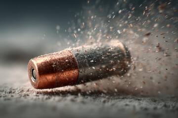 Obraz premium A high-speed studio shot of a bullet impacting a surface, creating a dramatic spray of debris and dust, capturing the moment of impact with sharp focus and detail.