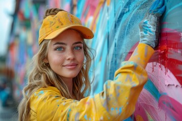 A creative young woman expertly spray paints a vibrant mural, showcasing her artistic skills and passion for street art in an engaging urban environment filled with color.
