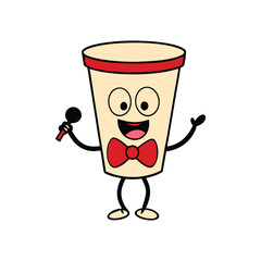 A coffee cup singing opera wearing a bow tie