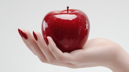 Clean isolated image of a human hand on a white background cradling a glossy red apple