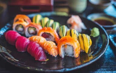 Cinematic overhead shot of a colorful sushi assortment on a glossy black plate with softly blurred Japanese restaurant interior background