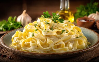 Creamy fettuccine alfredo garnished with parsley in a rustic ceramic dish with softly blurred Italian trattoria background