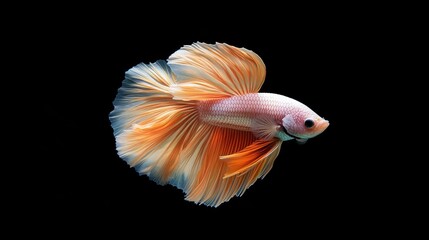 A betta fish, pale peach/orange, with flowing, vibrant fins, against a black background