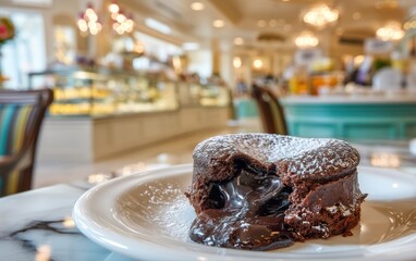 Decadent chocolate lava cake with molten center on a dessert plate with softly blurred patisserie shop background