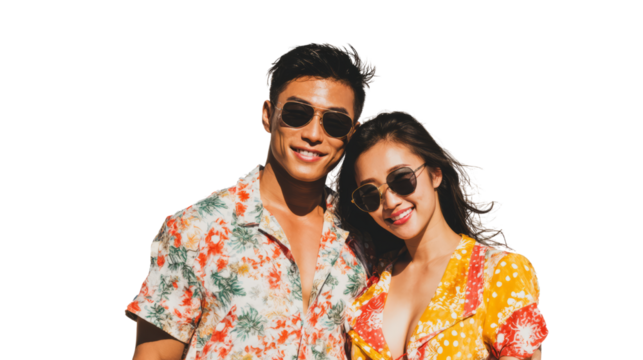 Happy couple embrace, enjoying vacation time together with bright smiles