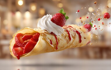 Hovering dessert crepe with strawberry coulis and whipped cream splatters on a softly blurred bistro interior background