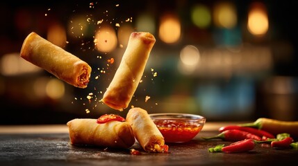 Hovering veggie spring rolls with sweet chili dip splashes against a softly blurred Asian fusion kitchen backdrop