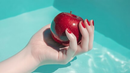 Isolated shot of a human hand cradling a glossy red apple on a sunlit turquoise background