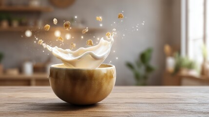 Levitating breakfast cereal bowl with creamy milk splash against a softly blurred farmhouse kitchen background
