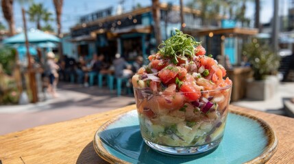 Levitating ceviche with citrus marinade jets over a softly blurred coastal seafood shack backdrop