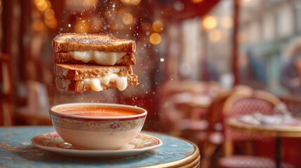 Hovering grilled cheese sandwich with tomato soup bursts over a softly blurred bistro interior backdrop