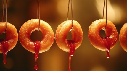 Suspended golden onion rings with tangy ketchup drizzle over a softly blurred diner counter backdrop