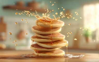 Suspended stack of fluffy pancakes bursting with golden maple syrup droplets over a softly blurred country kitchen backdrop