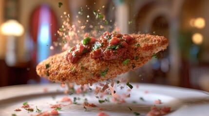 Suspended chicken parmesan cutlet with marinara sauce eruptions over a softly blurred Italian trattoria background