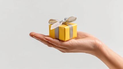 Studio close up of a human hand on a white background presenting a small gift box tied with ribbon