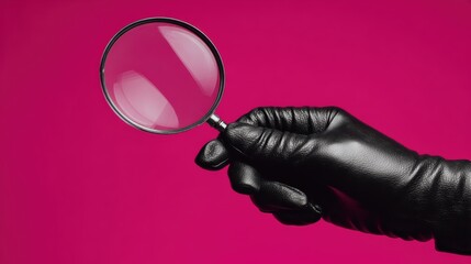 Minimalist artistic shot of a human hand wearing a black leather glove holding a magnifying glass on a bright fuchsia backdrop