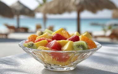 Vibrant tropical fruit salad of mango, pineapple and kiwi in a glass dish with softly blurred beachside cabana background