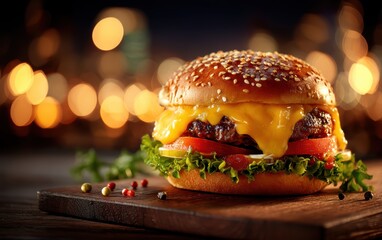 Mouthwatering gourmet cheeseburger with lettuce, tomato and melted cheese on a wooden board with softly blurred retro diner background