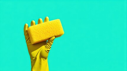 Minimalist product style of a human hand in a yellow rubber glove holding a sponge on a bright aqua background