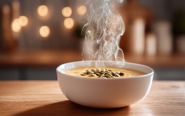 Steaming bowl of creamy pumpkin soup topped with pumpkin seeds on a wooden table with softly blurred cozy kitchen background