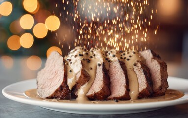 Weightless grilled steak slice surrounded by peppercorn sauce jets against a softly blurred upscale steakhouse background