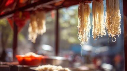 Weightless pad thai noodles with peanut sauce arcs against a softly blurred street food stall background