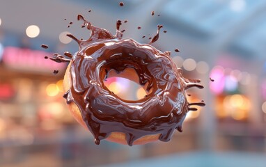 Airborne chocolate glazed donut erupting with glossy chocolate icing splatters on a softly blurred cafÃ© scene background