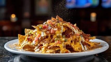 Airborne loaded nachos with molten cheese sauce splatters against a softly blurred sports bar background