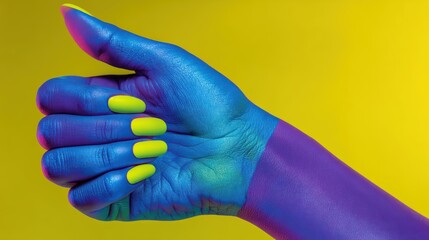 Vibrant studio shot of a human hand giving a thumbs up against a neon yellow background