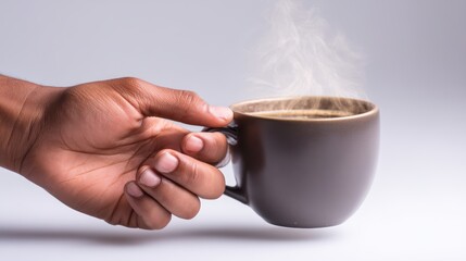 Clean commercial photograph of a human hand on a white background holding a steaming coffee mug