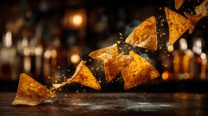 Airborne loaded nachos with molten cheese sauce splatters against a softly blurred sports bar background