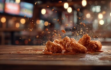Floating chicken wings with spicy buffalo sauce splashes over a softly blurred sports bar backdrop