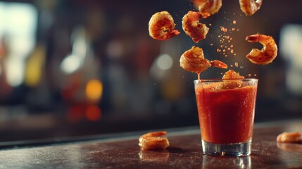 Airborne shrimp cocktail with tangy cocktail sauce arcs over a softly blurred bar counter background