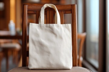 A plain white canvas tote bag hangs neatly over the back of a wooden chair, showcasing its simplicity and eco-friendly design in a bright indoor setting.